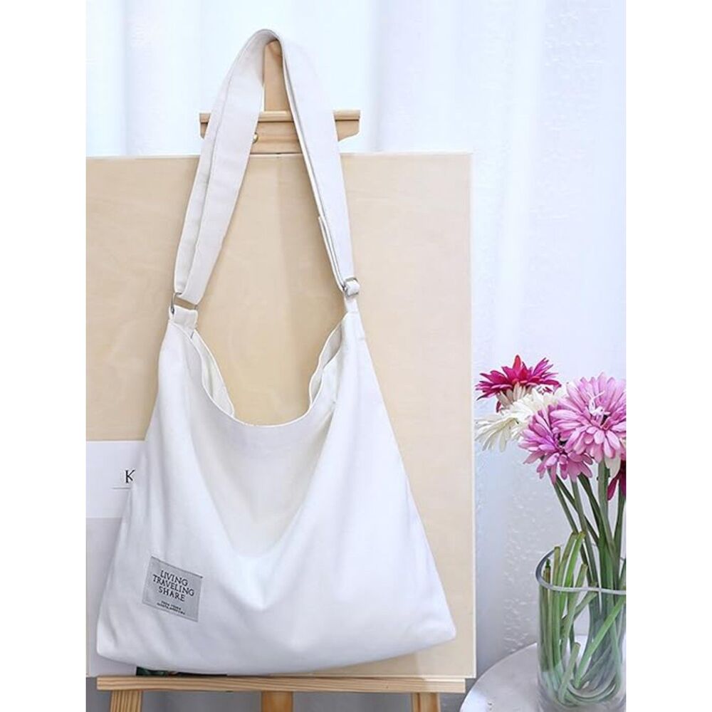 Women's White Imported Canvas Retro Large Size Shoulder Crossbody Tote Bag - Picture 2 of 4